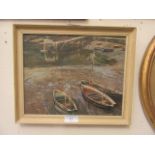 An oil on board of sailing boats in estuary scene