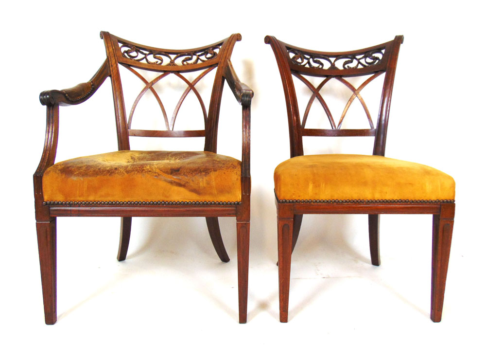 A set of six (5+1) 19th century French mahogany dining chairs upholstered in yellow suede, - Image 2 of 2