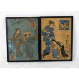 Toyohara Kunichika (1835-1900), Two figures on a walk, character marks, woodblock on crepe silk,