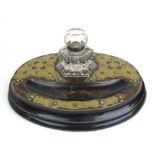 A Victorian walnut and brass mounted desk stand with glass inkwell and pen rest, l.