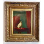 19th century English school A dog sat on a chair inscribed 'Cheshire and Baker' 1888 oil on