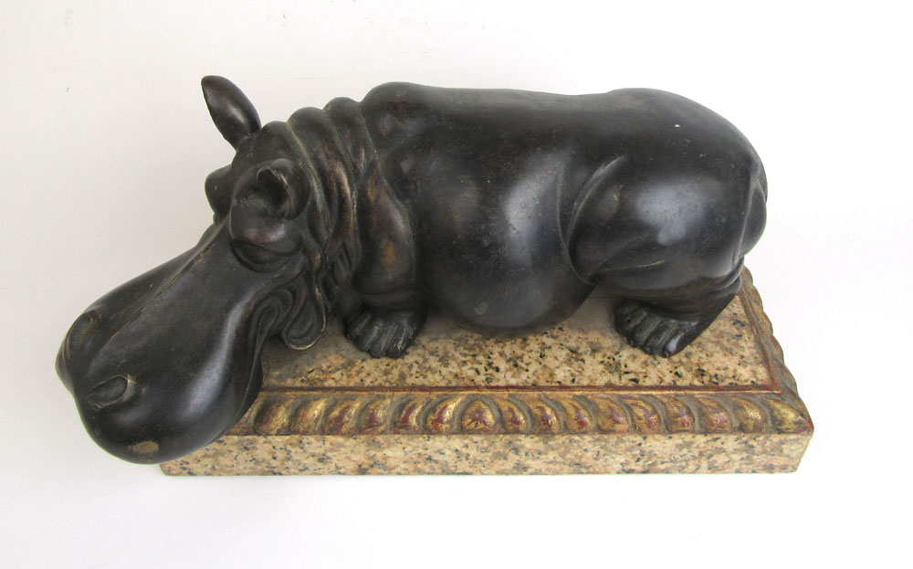A stylized bronze model of a hippo on a marble and gilt wood base, l. - Image 2 of 2