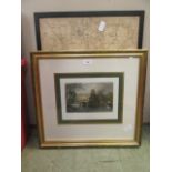 A framed and glazed print of Warwick castle along with a framed and glazed map of Coventry