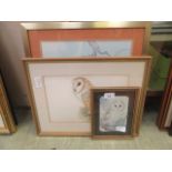 A framed and glazed watercolour of an owl along with a print of an owl and an oriental print