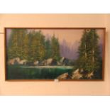 A framed oil on canvas of woodland lake scene