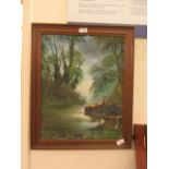 A framed oil on canvas of woodland river scene