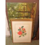 An unframed oil of woodland scene along with two framed prints