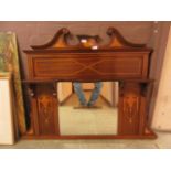 An Edwardian mahogany marquetry boxwood strung over mantle mirror with bevelled plate