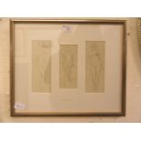 A framed and glazed display of three pencil drawings of nudes by Henry Daniel