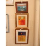 A framed oil on canvas of seascape along with two framed and glazed prints