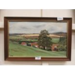 A framed oil on board of a farm scene in a valley signed bottom left