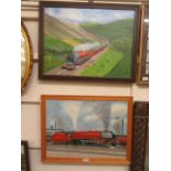 Two framed oils on canvas of steam locomotives signed bottom right
