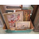 A tray containing a quantity of watercolours, prints,