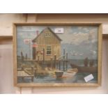 A framed and glazed oil of coastal scene