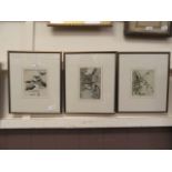 Three modern framed and glazed prints, one of ravens, the other two of elderly ladies,