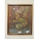 A framed and glazed watercolour of oak sapling in pot