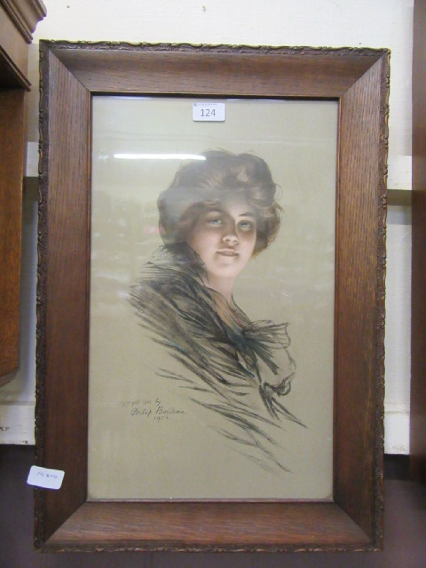 An oak framed and glazed coloured print of young lady copyright 1905 by Phillip Boilsau 1903