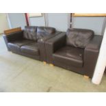 A brown leather two seater sofa along with a matching chair