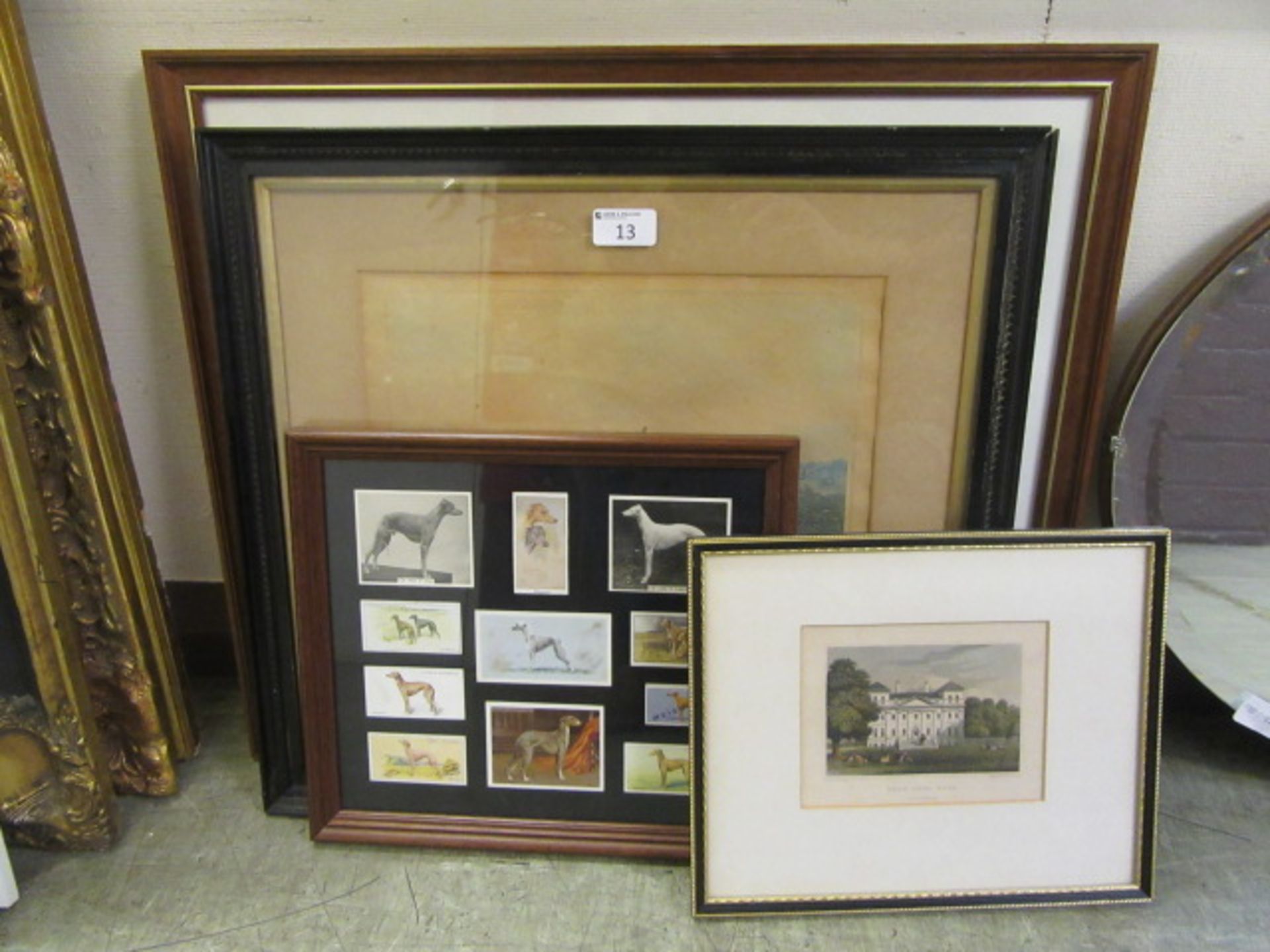 Four framed and glazed prints of dogs, buildings,