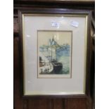 A framed and glazed print of harbour scene