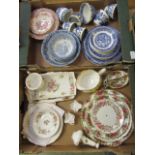 Two trays of ceramic tableware to include blue and white, rose design, cake stand,