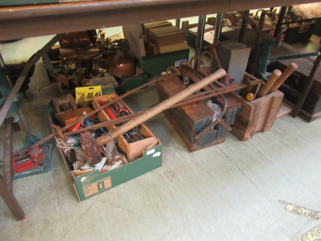 A large quantity of hand tools, some in tool chests, sledgehammer,