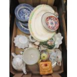 A tray containing an assortment of blue and white ceramic and other decorative ceramic ware