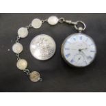 A bag containing a silver hallmarked cased pocket watch with enamelled dial together with a
