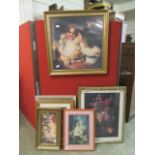 A selection of framed and glazed prints of children, interior scenes, still life,