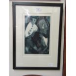 A framed and glazed limited edition print of puppets signed Inga Hailard