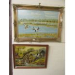 Two framed oil paintings on board of ducks and watermill