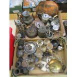 Two trays of metalware to include pewter, brassware,