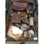 A tray containing an assortment of collector's items to include crumb brushes, leather bags, pipes,