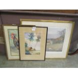 Three framed and glazed artworks to include hunting print, large cockerel,