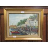 A framed and glazed oil painting of continental harbour scene after Giuliano Marzano