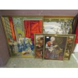 Four framed tapestries to include landscape and interior scenes