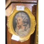 A gilt framed oil on card of pensive lady wearing pearls