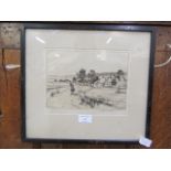 A framed and glazed etching of countryside scene signed bottom right