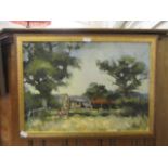 A framed oil on board of countryside scene,