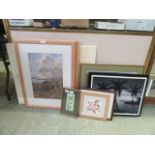 A selection of framed and unframed prints, Cash's silk etc.