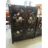 An Oriental lacquered and hard stone relief panel cabinet A/F