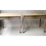 SIDE TABLES, a matched pair, 18th century Continental painted each with shaped frieze drawer and