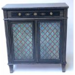 SIDE CABINET, Regency period ebonised and painted with Greek key frieze faux trellis and fabric