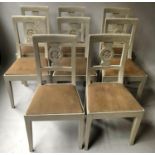 DINING CHAIRS, a set of eight, 19th century French carved and traditionally grey painted with drop