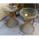 SIDE TABLES, a pair, wire design, with glass tops, 70cm H x 49cm diam. (slight faults) (2)