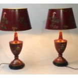 TOLEWARE LAMPS, a pair, scarlet crested toleware of vase form with shades, 80cm H. (2)