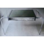 WRITING TABLE, 20th century, lucite arched supports, mirror top and drawer, 130cm W x 60cm D x