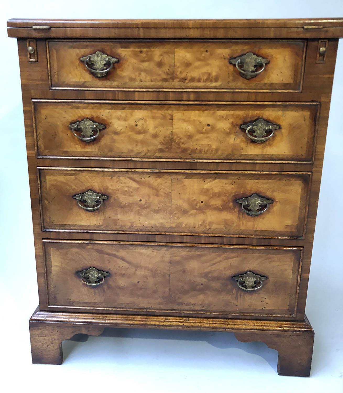 BACHELORS CHEST, George III design burr walnut and crossbanded with foldover top and four long