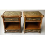 BEDSIDE/LAMP TABLES, a pair, vintage dual colour rattan and bound with drawer, 59cm H x 56cm W x
