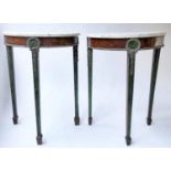 ITALIAN CONSOLE TABLES, a pair, Neoclassical demi lune burr walnut, metal mounted and green